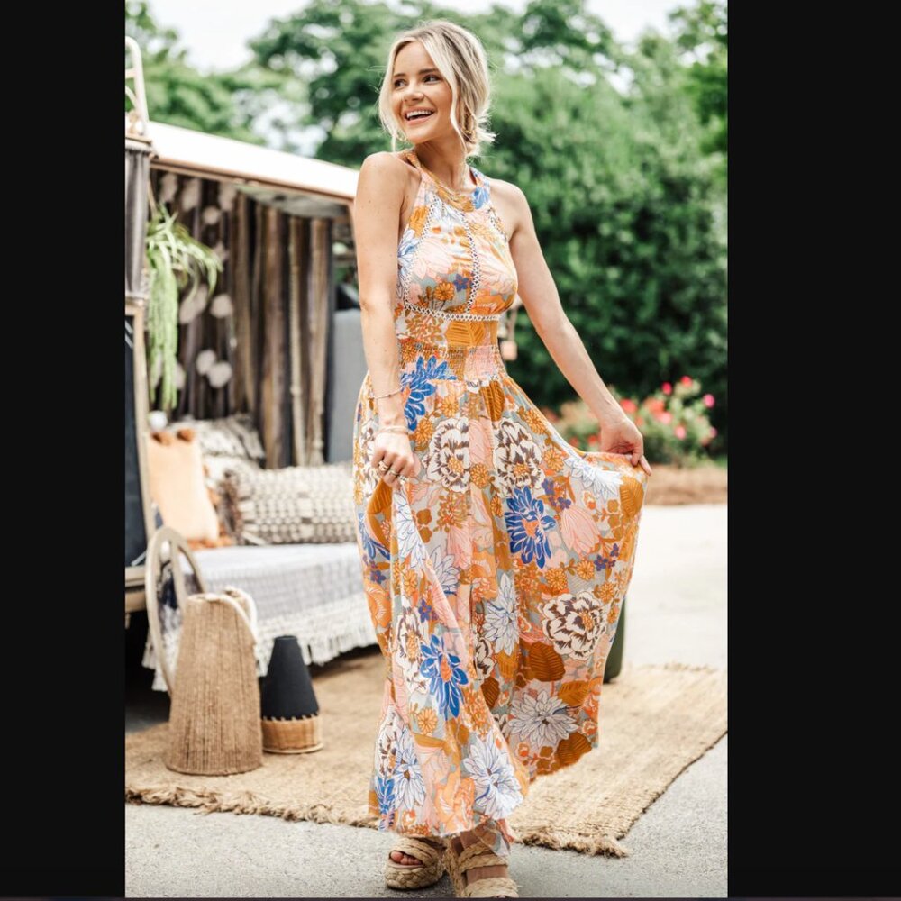 Petal & Pup Newell Orange Colorful Floral Maxi Dress L - Picture 13 of 13